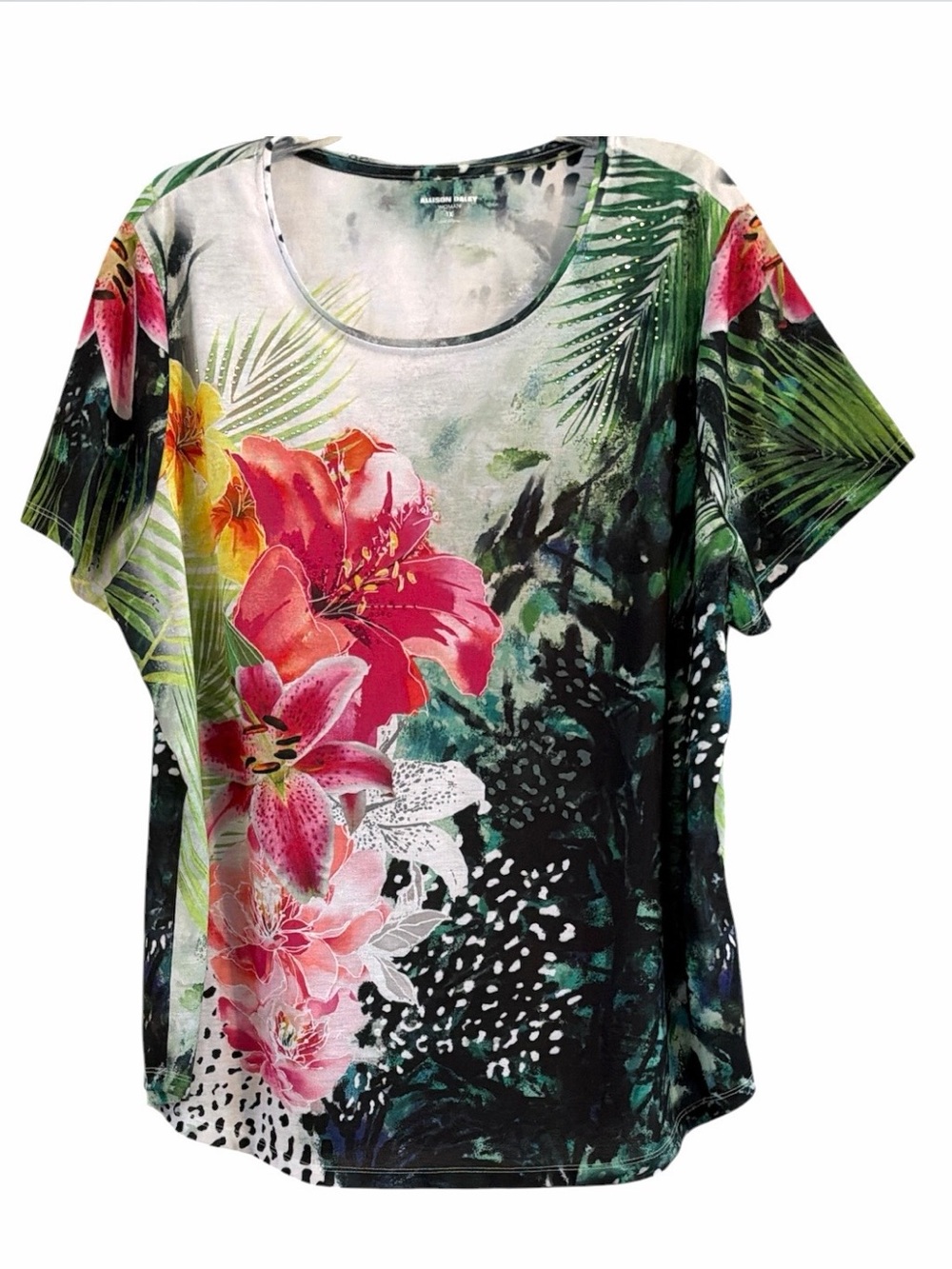 Allison Daley NWOT Tropical Floral Pink Green Rhinestone Blouse 1X